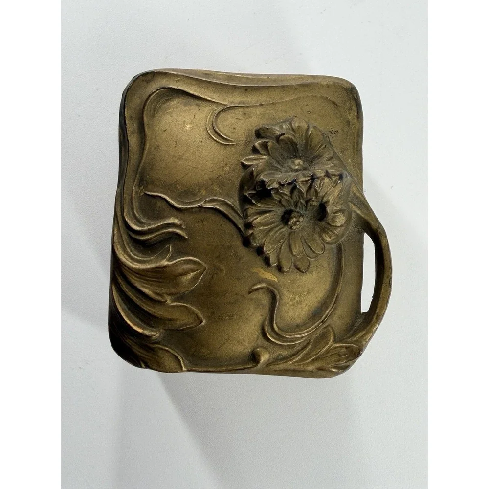 Antique Art Nouveau Jewelry Casket Gilt Spelter Floral Trinket Box 1175